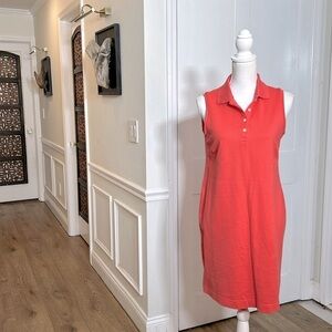 LL Bean womens polo midi dress orange coral sleeveless cotton collared golf SP